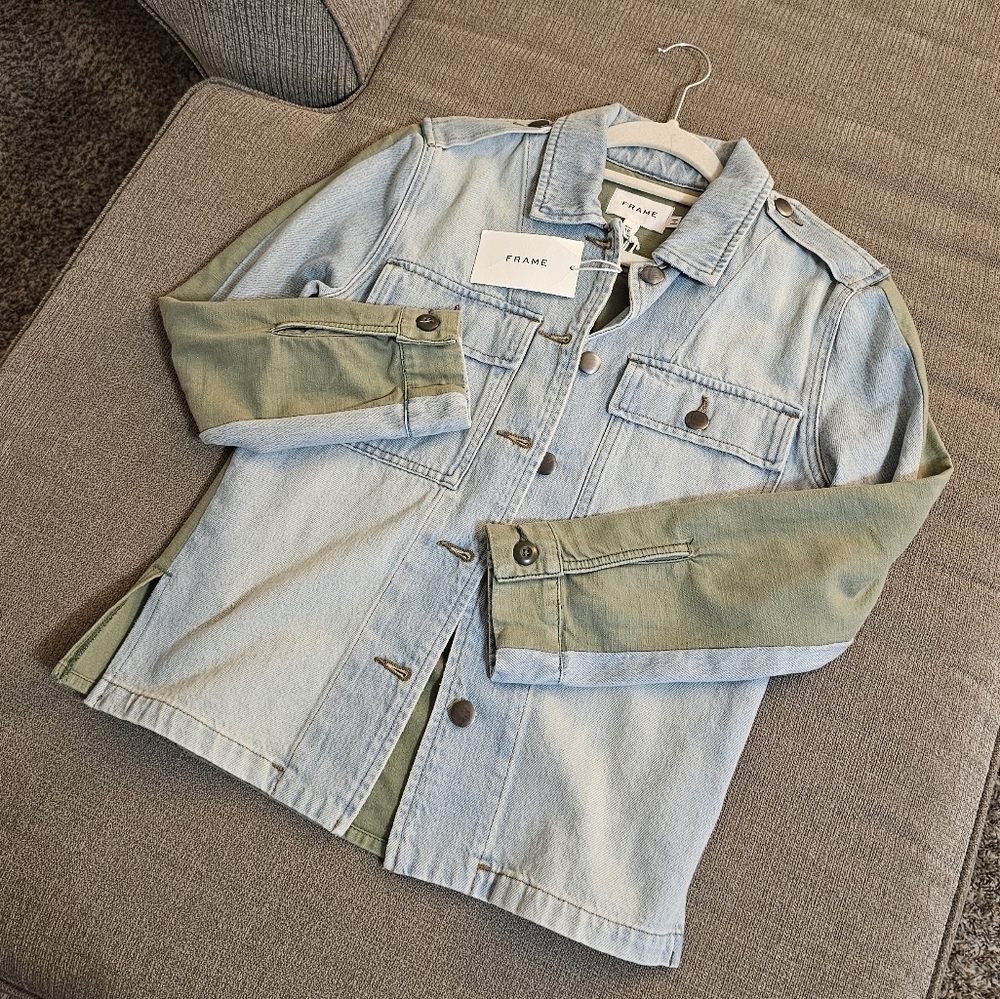 Frame Cargo Canteburry Gate Button Western Blue Olive Green Denim Jacket Size XS - Picture 2 of 7